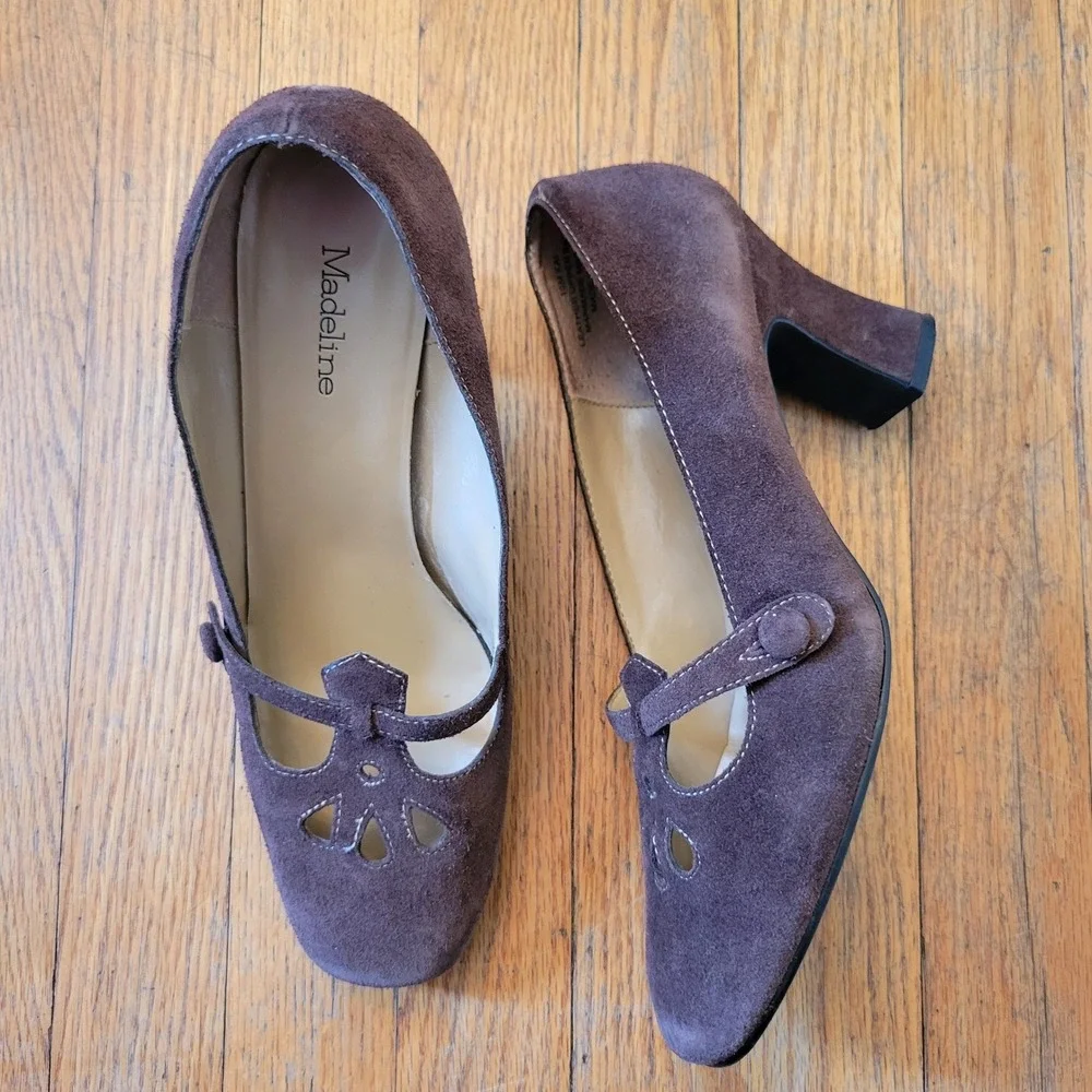 Madeline 10M Heels Brown Suede Mary Jane Cutout Block Heel KAI Whimsigoth Chunky